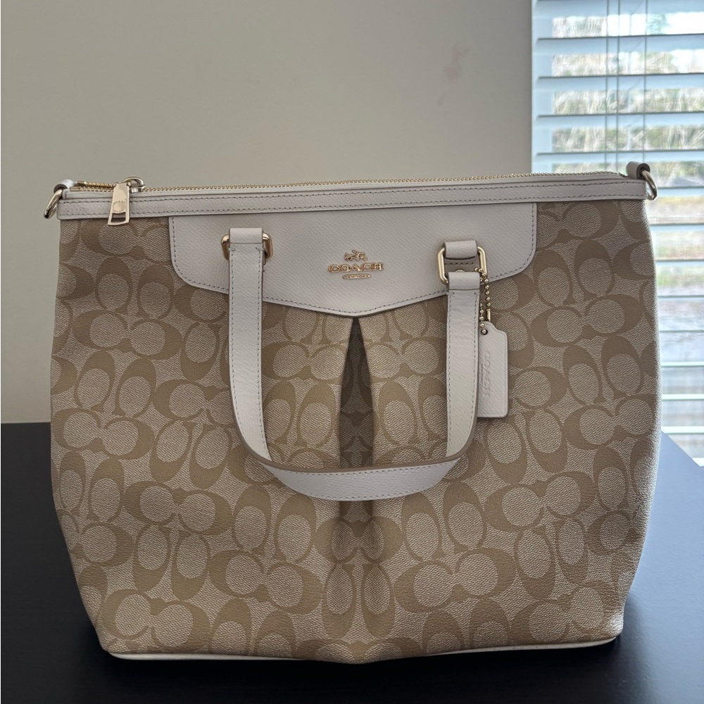 Coach Beige and White Signature Tote